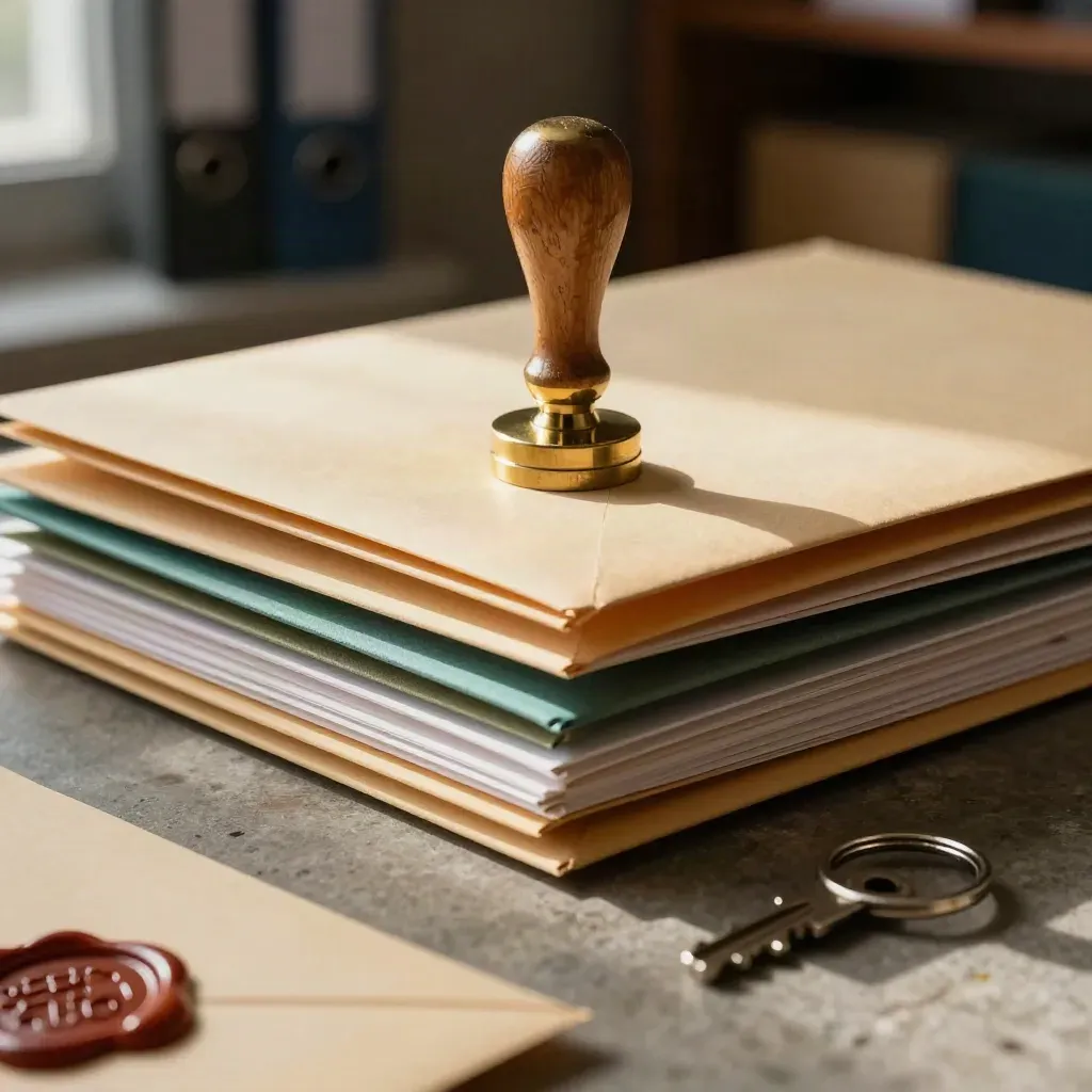 Brass stempel, dossiers en sleutelhanger in een stil archief met vergunningen.