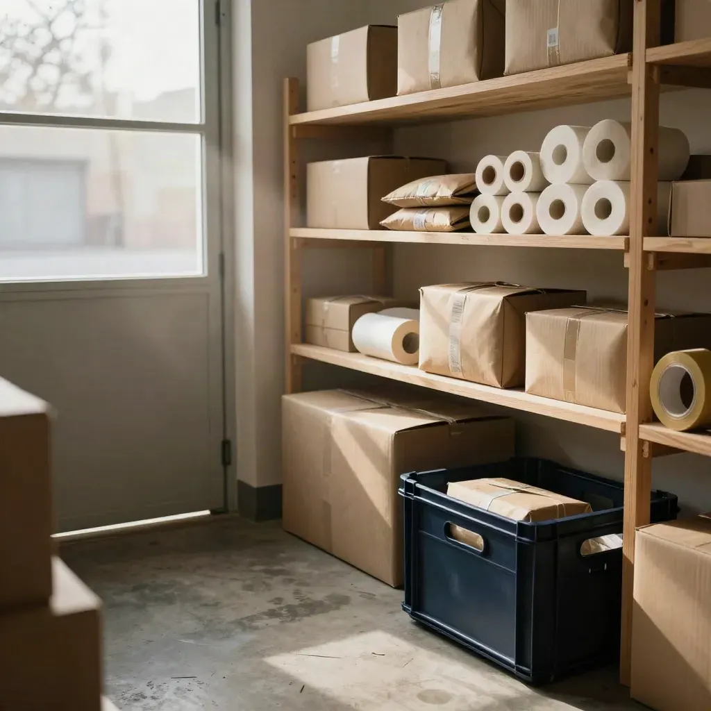 Compacte webshop-inpakhoek in Breda met kraftdozen, stellingen en ochtendlicht.