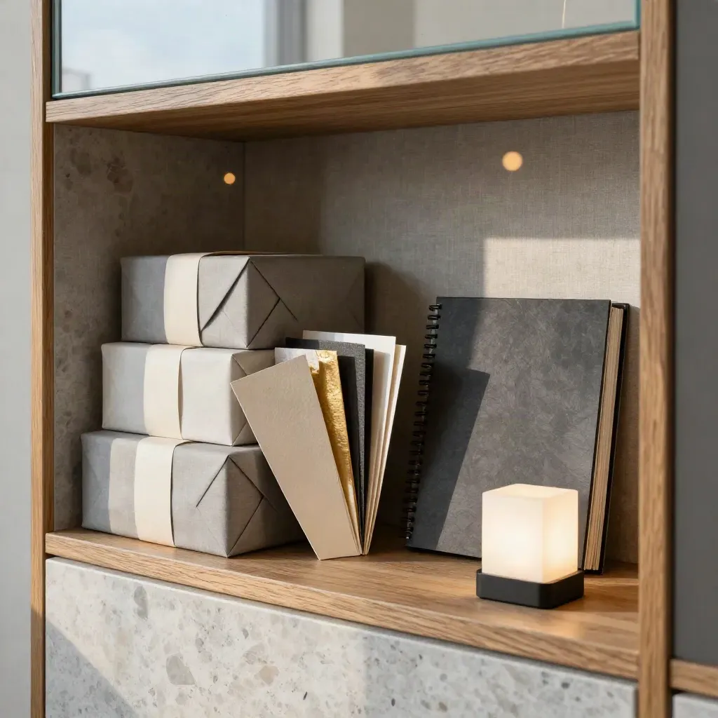 Drie serviceboxen, staalkaarten, een portfolio en een lichtbox op een rustige designplank.
