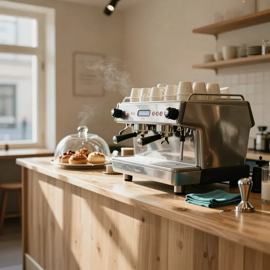Stijlvol café in Utrecht met espressomachine, kopjes, taartvitrine en houten toonbank