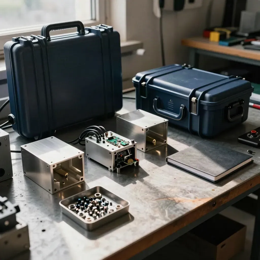 Technische starterset met prototype en gesloten pitchkoffer op een werkbank in sfeervol licht.