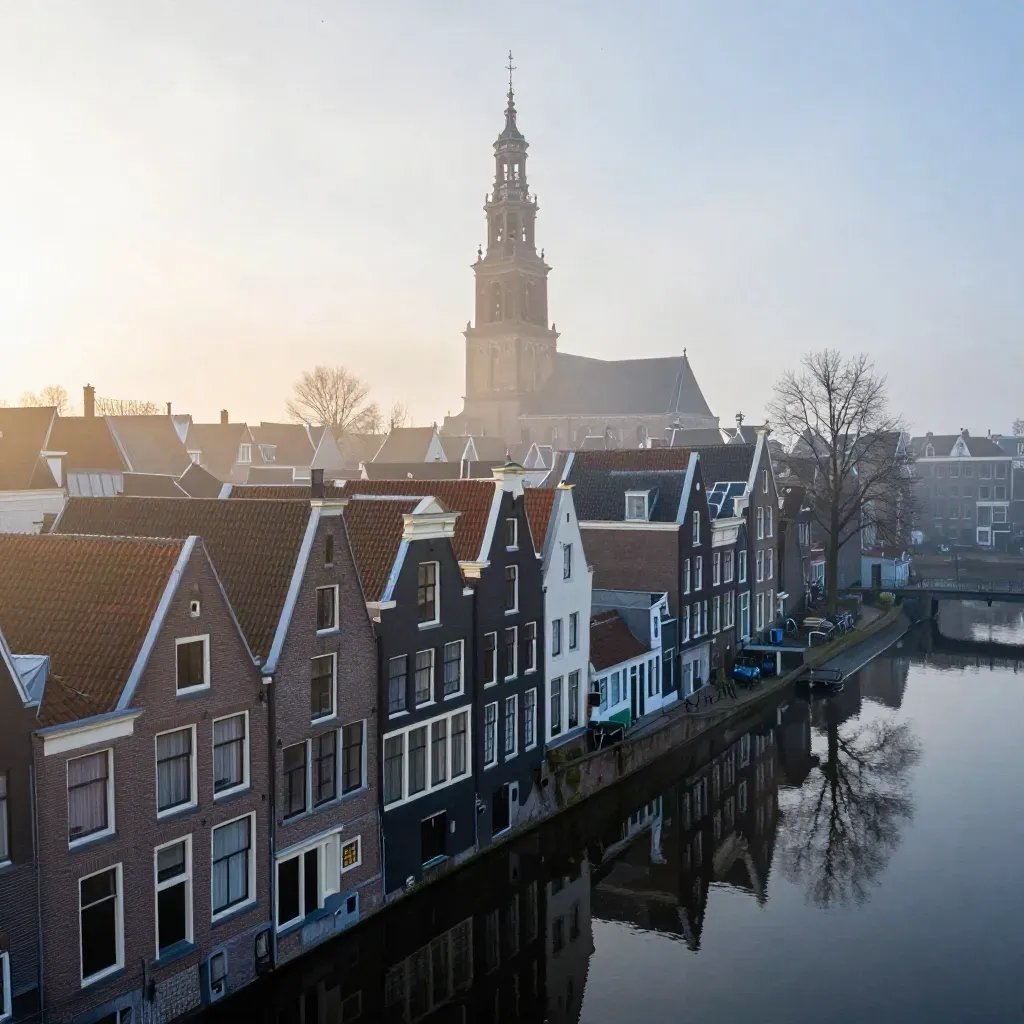 Mistig Amsterdam met daken en een kerktoren boven rustige gracht