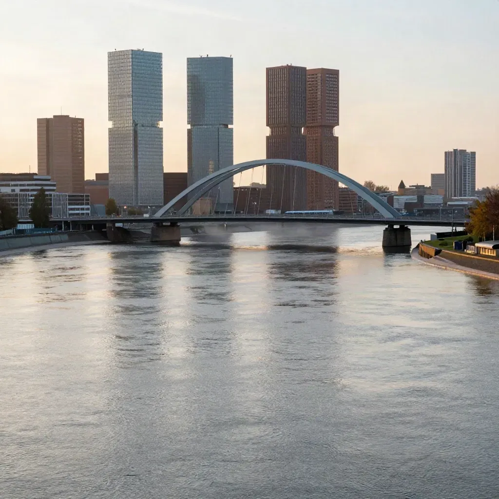 Rotterdam skyline boven de Maas in warme gouden mist met veel rustige ruimte