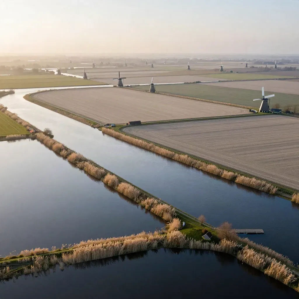 Luchtfoto van polders, waterwegen, dijken en windmolens in zachte avondmist